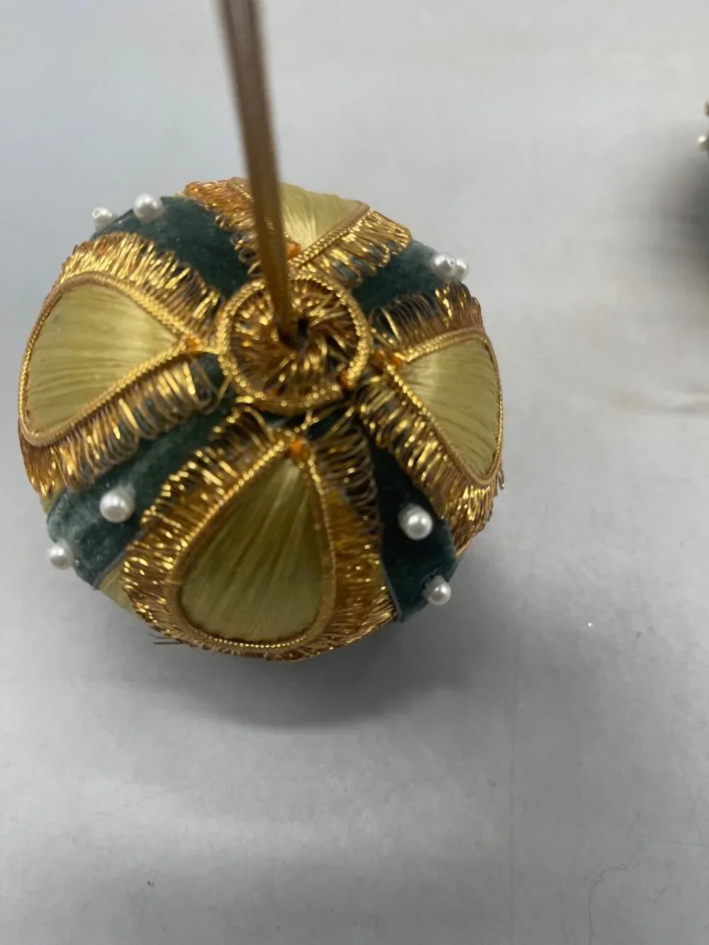 vintage set of 2 silk Christmas ornament gold green ribbon embellished felt READ